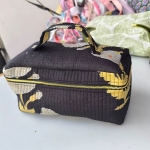 Cotton Eco-Friendly Recyclable Lightweight Quilted <b>Vanity</b> Bags Black Jungle Design Customizable Zipper Closure Block Printed - Product Image 1