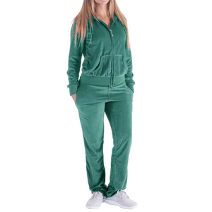 Women Green <b>Velour</b> Eco-friendly Lightweight <b>Tracksuit</b> Full Zip Hooded Casual Sweatshirt Pants Set Solid Color Side Pockets - Product Image 4