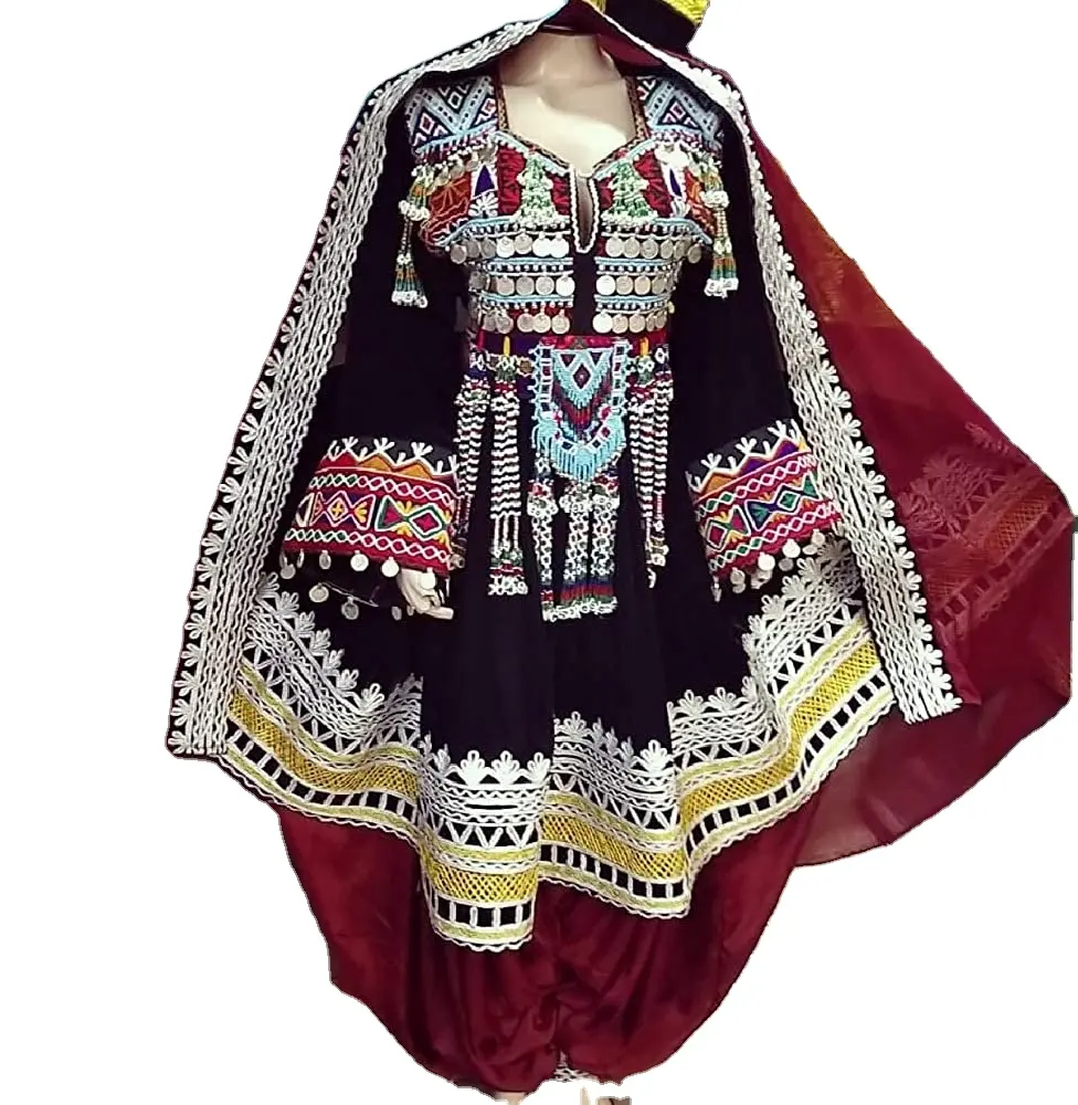 Michelani Gaun Kuchi Etnis Vintage Gaun Kuchi, Gaun Pesta Tradisional Kuchi Afghan/Pakistan Multi Warna