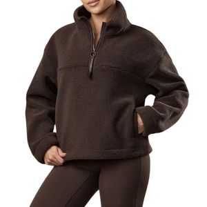Veste en sherpa pour femmes, col montant, marron foncé, hiver, coupe ample, demi-zip, col montant, vestes en polaire pour femmes - Product Image 3