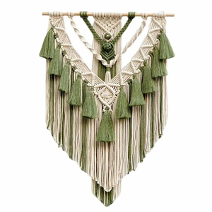 Tapisserie murale en macramé vert olive, style bohème, en corde de coton avec pompons, décoration murale pour chambre à coucher, salon, chambre d'enfant, 18x30 pouces - Product Image 1