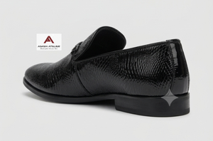 Premium Textured Black Slip-On Loafers with <b>Flat</b> <b>Sole</b> and Square Toe, Elegant Office Dress <b>Shoes</b> for Business, Formal Events - Product Image 2