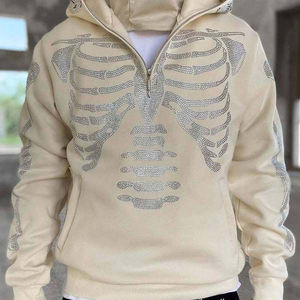 Sudadera con capucha de lujo con logotipo personalizado, diseño de esqueleto y pedrería, para hombre, blanca, con cremallera completa, máscara de esquí, tejido French Terry de alto gramaje - Product Image 2