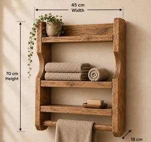 Étagère murale en bois pour salle de bain à 3 niveaux avec barre porte-serviettes, design scandinave, unité de rangement gain de place - Product Image 6