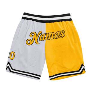 Shorts de basketball personnalisables pour hommes, jaunes et blancs, en maille respirante, taille élastique, style sportif, avec motif lettres imprimées - Product Image 1