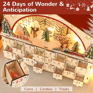 Casetta Calendario dell'Avvento in Legno con 24 Cassetti LED Conto alla Rovescia e Luci a Batteria per Decorazioni Natalizie - Product Image 5
