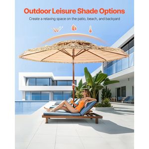 Ombrellone da Patio in Paglia Sintetica Stile Tiki da 2,7 m con Inclinazione, Parasole da Spiaggia a 2 Livelli Stile Hawaiano, Paglia Sintetica PP, 8 Stecche in Metallo, Colore Grigio - Product Image 2