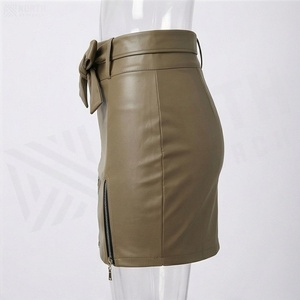 Jupe crayon mini en similicuir taille haute pour femme avec nœud décoratif et fermetures éclair latérales, style sexy toutes saisons - Product Image 3