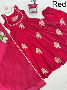 Traje indio moderno, sencillo y natural para mujer, vestido largo de red con bordado Anarkali, Kurti, Dupatta, para bodas y fiestas. - Product Image 2