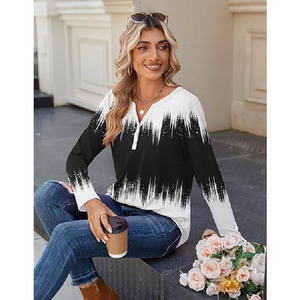 Blusa de Mujer con Cuello en V, Estampado Degradado, Manga Tres Cuartos, Corte Holgado Informal, Top de Primavera/Verano, Tejido Popelina Transpirable - Product Image 2