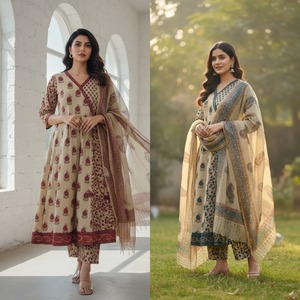 Ensemble de costume Anarkali élégant en coton beige bordeaux 60x60 avec kurta, pantalon et dupatta doux à imprimé traditionnel fait main pour femmes - Product Image 4