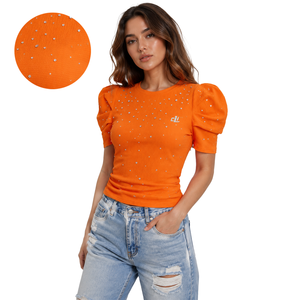 <b>Bubble</b> Short Sleeve Fashion Rhinestone Embellished Custom women's shirt Cotton Stretch Solid Crop T-Shirt Elegant Spring Summer - Product Image 1