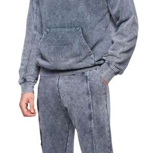 Survêtement à capuche personnalisable pour homme, délavé à l'acide, 100% coton molletonné, uni, à épaules tombantes, style décontracté - Product Image 4