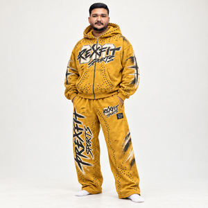 Conjunto de Sudadera con Capucha para Hombre REXFIT SPORTS, Estampado Digital Amarillo, Estilo Urbano, Traje Deportivo de Forro Polar para Otoño - Product Image 2