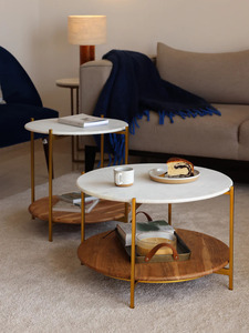 Modern <b>Round</b> <b>Coffee</b> <b>Table</b> Marble Top Metal Frame <b>Wooden</b> Shelf Storage Living Room Furniture Midcentury Design - Product Image 2