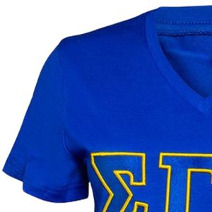 Sigma Gamma Rho Embroidered Luxury <b>T</b>-<b>Shirt</b> <b>Women</b> <b>V</b> <b>Neck</b> Short Sleeve Custom Greek Letter Sorority Tee Royal Blue Gold Casual - Product Image 3