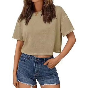 Wholesale Pure Cotton Slim Fit Summer Women's T-shirts Acid-washed Style Knitted Fabric Custom Logo crop <b>top</b> Women T Shirt - Product Image 1
