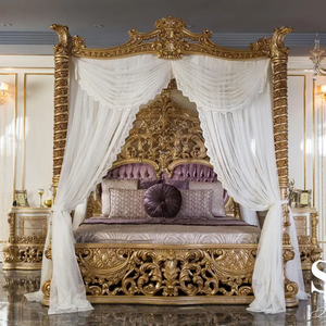 Cama con Dosel de Lujo Estilo Rococó Francés, de Caoba con Tallado a Mano en Dorado, Tamaño King, con Cuatro Postes y Almacenamiento, para Dormitorio Europeo Antiguo - Product Image 1