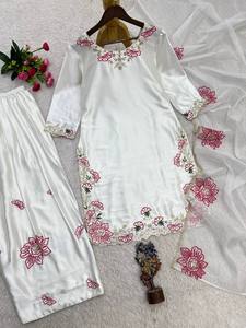 White Floral Embroidered <b>Kurti</b> Palazzo Suit Set Women Ethnic Wear | Designer Pakistani Salwar Kameez With Dupatta Set - Product Image 3