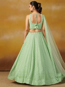 Pista Green Embroidered Georgette Lehenga Choli with Dupatta Wedding <b>Dress</b> Festive Indian Outfit - Product Image 3