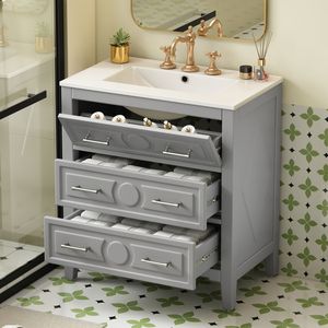 Mobile Bagno Autoportante con Struttura in Legno Massello, Lavabo Singolo da 30 Pollici con 3 Cassetti, Lavabo in Ceramica, Armadietto Contenitore da Bagno da 30 Pollici - Product Image 4