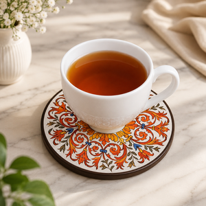 Decorative Round Wooden <b>Coaster</b> with Floral Art – <b>Table</b> Protection for Tea & Coffee Cups Handmade Printed Wooden Drink <b>Coaster</b> - Product Image 1
