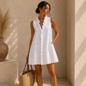 White Sleeveless V-Neck A-Line Mini <b>Dress</b> with Ruffle Trim Casual Summer 100% Cotton <b>Loose</b> Fit Boho ODM - Product Image 1