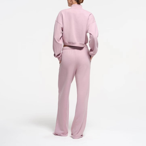 Lady's Medium Weight Soft Plush Fleece Cotton Relaxed Fit Drop Shoulder Cropped Half <b>Zip</b> Pullover Fleece Jogger Sweatpants Sets - Product Image 2