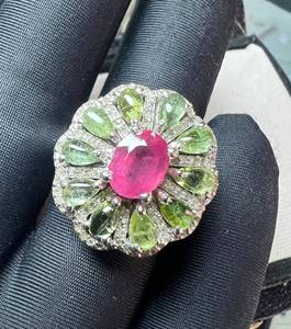 Flower Shape Ruby Cocktail <b>Ring</b> with <b>Green</b> Gemstones Prong Setting Rhodium Plated Minimalist 925 Silver Women's Luxury Jewelry - Product Image 3