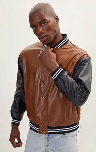 Men's <b>Brown</b> Black PU <b>Leather</b> Varsity <b>Jacket</b> Hooded Zipper Closure Breathable Streetwear Regular Fit Winter Wear - Product Image 3