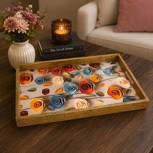 Plateau de service décoratif en bois rustique avec poignée, motif rose, pour la maison, les mariages et la salle de bain - Product Image 3