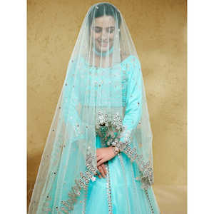 Increíble Red de Trabajo de lámina azul cielo Sangeet Wear Lehenga Choli con Dupatta - Product Image 3