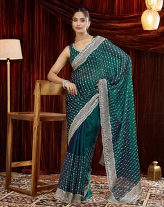 Sari de Mezcla de Seda Bordado Estilo Bollywood KV (Azul) - Product Image 3