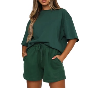 Conjunto de 2 Piezas de Shorts de Punto Azul Claro para Mujer, Cuello Redondo, Manga Corta, Corte Holgado, Casual, Primavera Verano, Color Sólido, con Bolsillo - Product Image 4