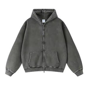 Sweat à capuche zippé intégral en molleton épais polyester/coton délavé à l'acide pour homme, hiver, avec col à capuche et poches, motif uni, teinture unie - Product Image 2