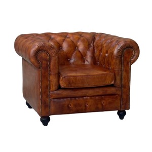 Designer Chesterfield Single Seater Leather Sofa with Button Tufted <b>Backrest</b> Rolled Arms Solid Wood Frame Elegant Armchair - Product Image 1