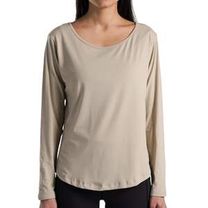 Camiseta de Manga Larga Personalizada para Mujer, Cuello Redondo, Corte Holgado, Informal, para Gimnasio, Transpirable, de Algodón Suave, para Fitness, Yoga, Lisa, Beige - Product Image 1