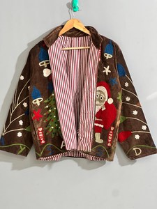 Cadeaux de Noël, veste en velours à texture riche, broderie Santa, blazer bohème indien personnalisé, manteau de Noël pour femmes - Product Image 3