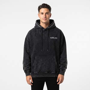 Custom <b>Acid</b> <b>Wash</b> Men Heavyweight Cotton Fleece Hoodie With Rhinestone Hood Kangaroo Pocket And Ribbed Cuffs - Product Image 5