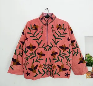 Chaqueta Boho Chic para Mujer, Bordada en Algodón Suzani, con Hilo Floral Rosa, Manga Larga, Estilo Étnico, Ropa de Invierno - Product Image 1