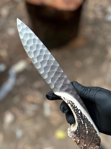 High Quality Handmade Bushcraft Hunting Knife Stag Antler Handle Hammer Finish Damascus Steel <b>Drop</b> Point Wholesale USA Europe - Product Image 4