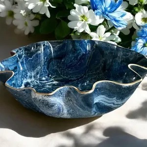 Handmade Wood <b>Bowl</b> <b>Blue</b> Marble Pattern Gold Rim Modern Design Durable Non-Toxic Food Serving Dish Gifting Decorative - Product Image 4