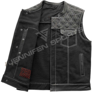 Chaleco de Motociclista Personalizado para Hombre, en Cuero Negro y Tela de Pana con Corte de Diamante y Bolsillos, Nuevo Chaleco de Cuero Vacuno OEM para Motociclismo en Invierno - Product Image 2