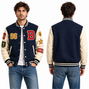 New Arrival Lettermen Jacket <b>Covered</b> <b>Button</b> Style Wool Fabric University Varsity Jacket Applique Regular Fit Turn-down Collar - Product Image 5