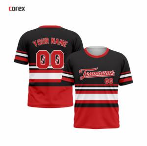 T-shirt à manches courtes rayé noir et rouge Corex avec impression du nom de l'équipe, col rond, coupe régulière, style sportif - Product Image 3