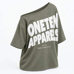 ONETEN APPARELS Women's Off Shoulder Crop <b>T</b>-<b>Shirt</b> <b>Olive</b> <b>Green</b> Letter Print Streetwear Loose Fit Three Quarter Sleeve - Product Image 2