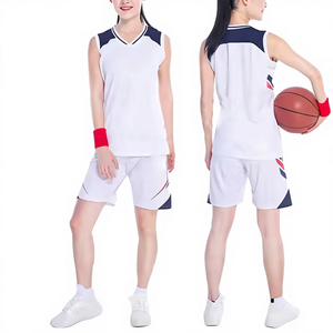 Conjunto de camiseta de baloncesto para mujer, uniforme de poliéster transpirable sin mangas con cuello en V, color blanco y azul marino, ropa deportiva para adultos para todas las estaciones - Product Image 2