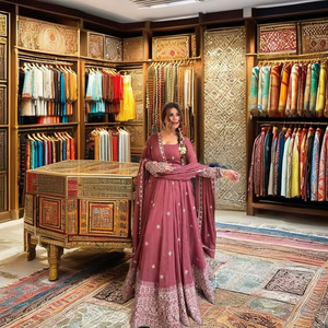 Traje de vestir con pantalón y dupatta de seda Chanderi con bordado de hilo y lentejuelas - Product Image 1