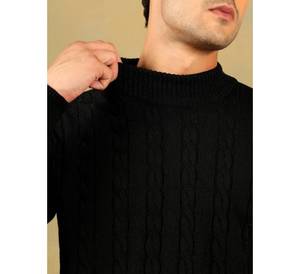 Pull en maille torsadée à col roulé pour homme, coupe ajustée, couleur unie noir, col haut, pull chaud pour l'automne et l'hiver - Product Image 4