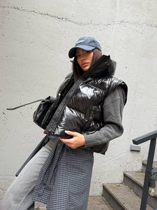 Veste matelassée pour femme à capuche, manches longues, épaisse, coupe-vent, en PU, rembourrage en polyester, manteau d'hiver - Product Image 4